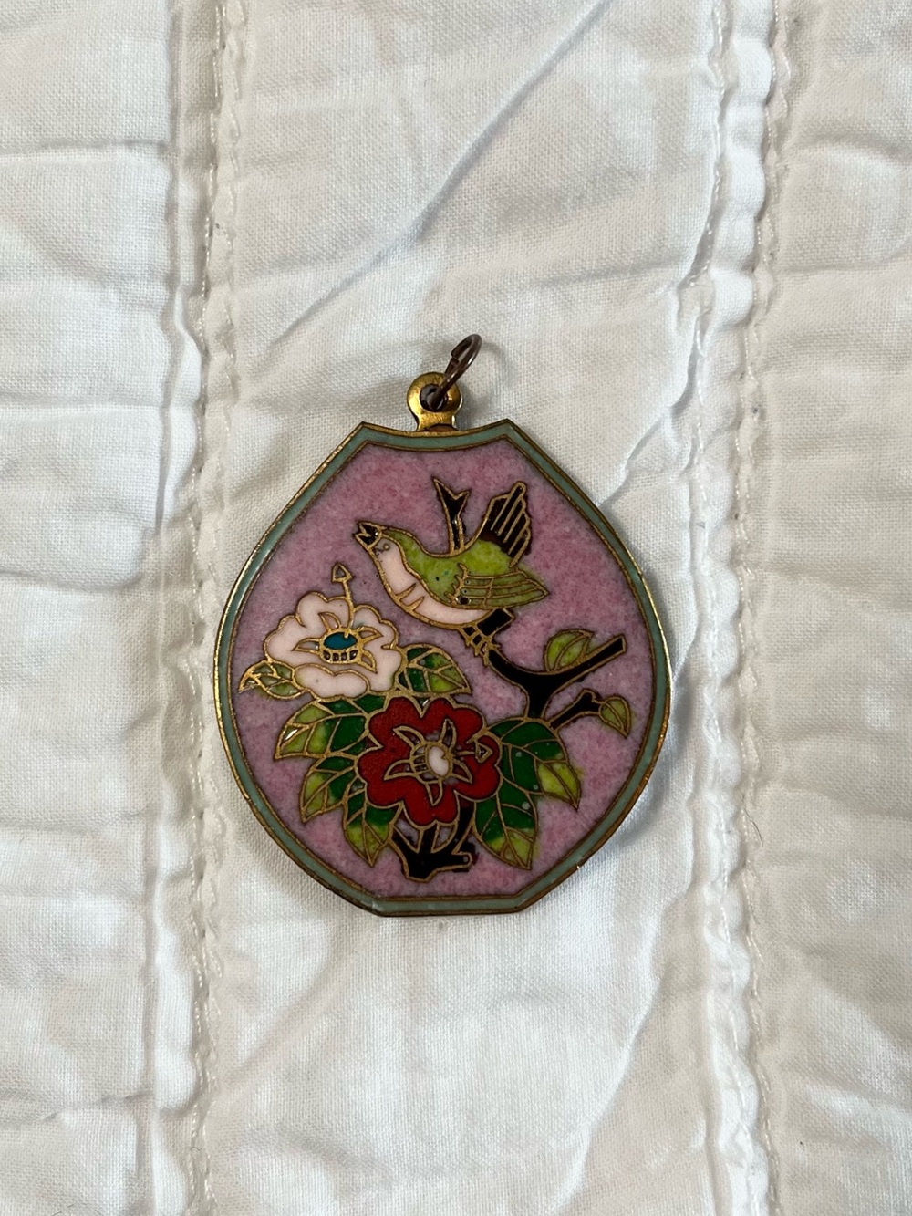 VTG Chinese Cloisonné Enamel Pink Bird & Floral Pendant Medallion